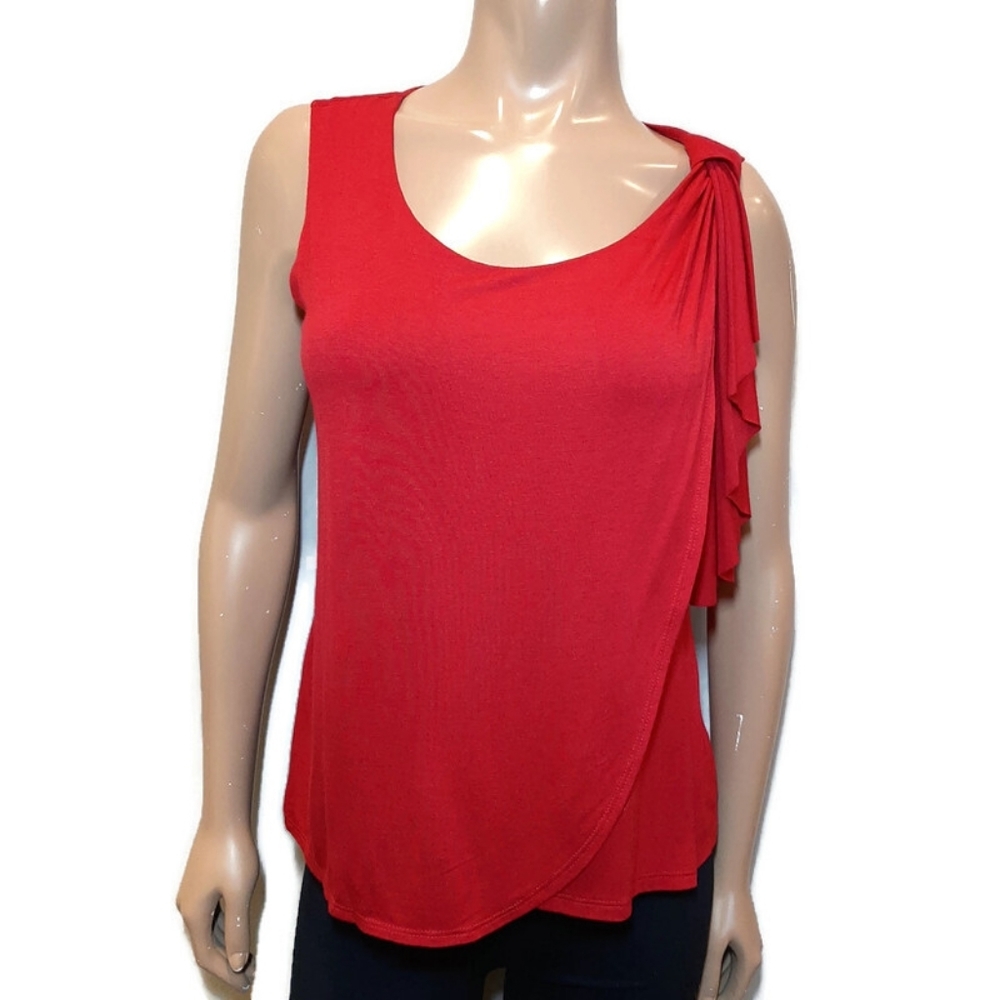 BELLINA Ruffled Draped Accent Faux Wrap  Sleeveless Blouse Stretchy Size Medium
